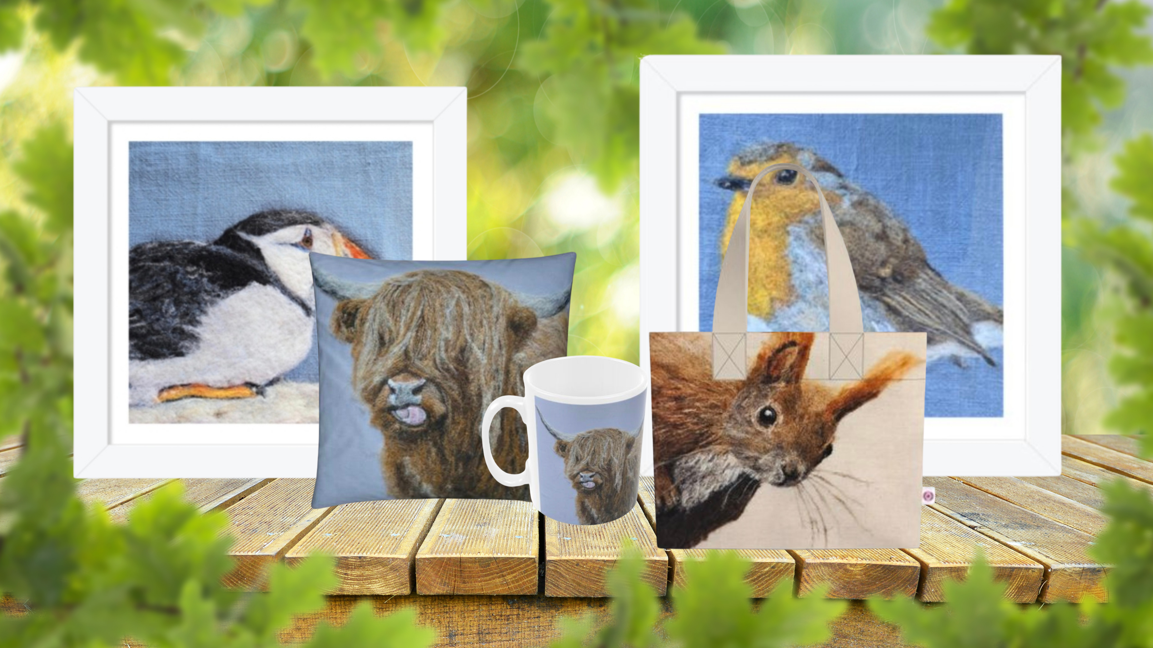 Collection of framed animal prints and a mug on a wooden surface with a natural background.