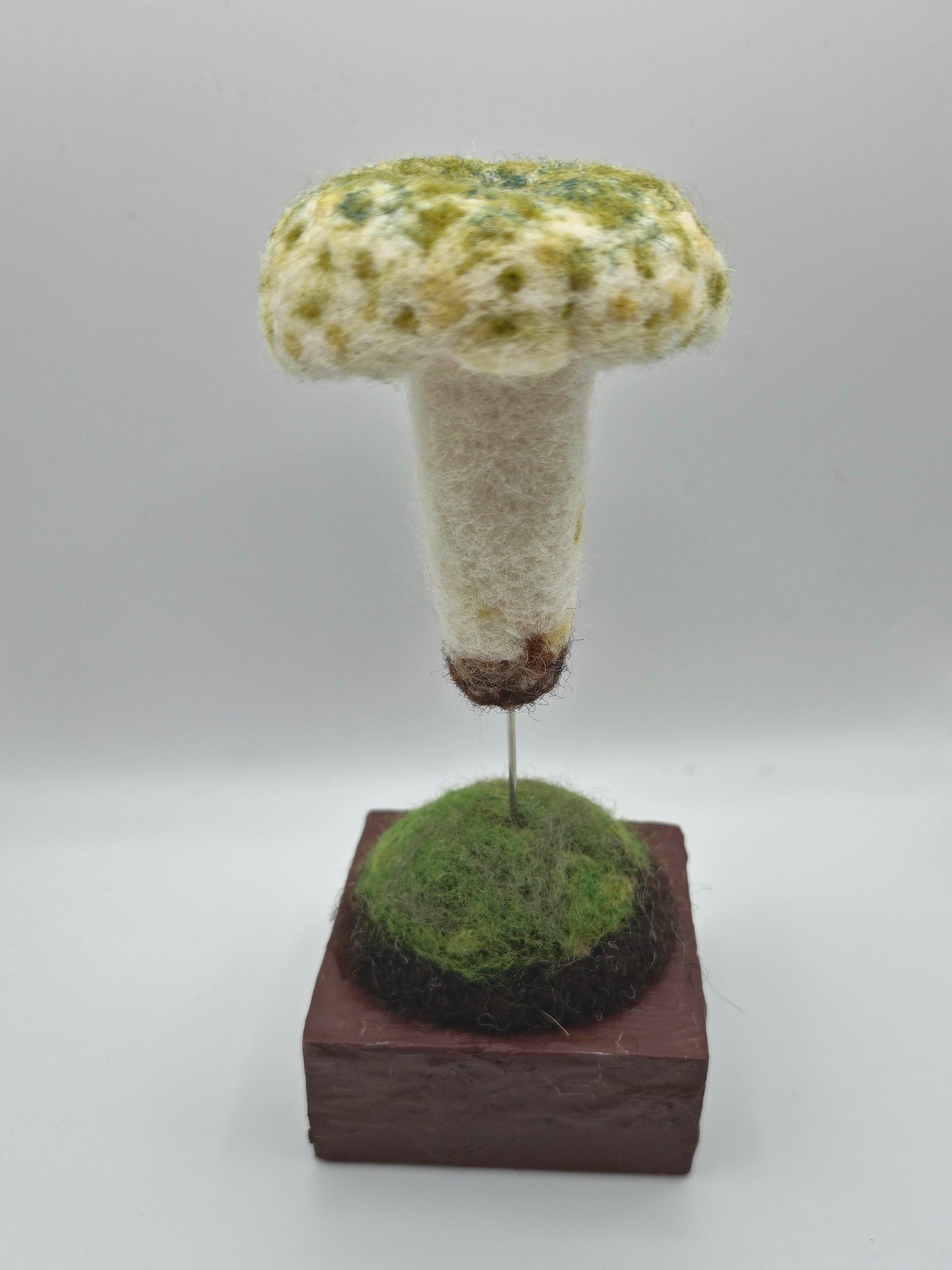 Textured mushroom sculpture on a brown base against a white background