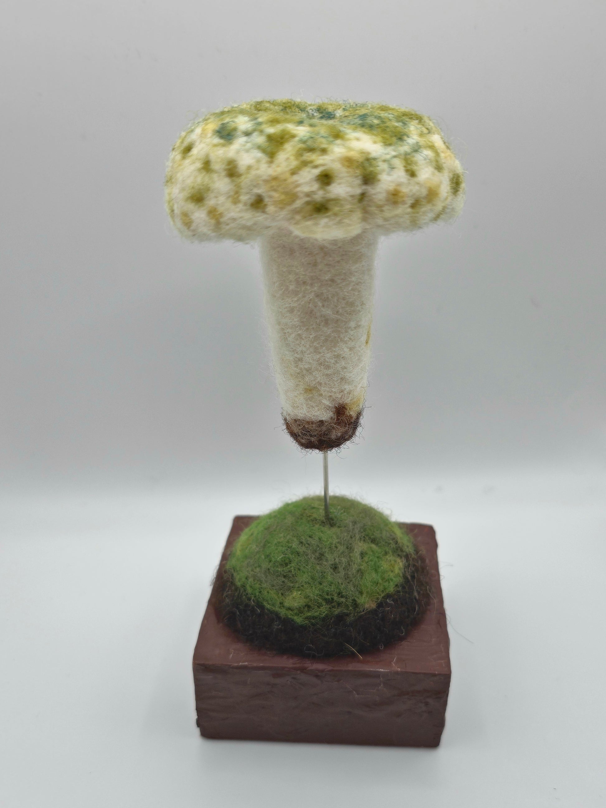 Textured mushroom sculpture on a brown base against a white background